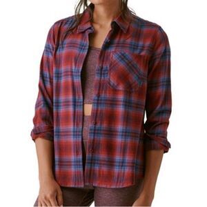 NWT Maroon Navy Plaid Button-Up Flannel Cozy Fall Layer Staple Camp Hike Shirt S